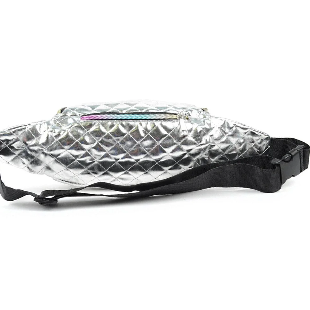 Quilted Metallic Silver Fanny Pack Belt Bag Sling Bag with Iridescent Zippers - Picture 5 of 6